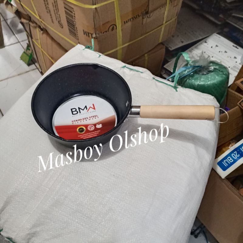 Panci Susu Hitam Gagang Kayu Anti Lengket Panci Masak Mie Teflon 20 cm