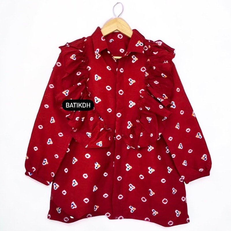 Atasan Blouse Batik Merah Bahan Katun Jumputan Handmade Ori Solo