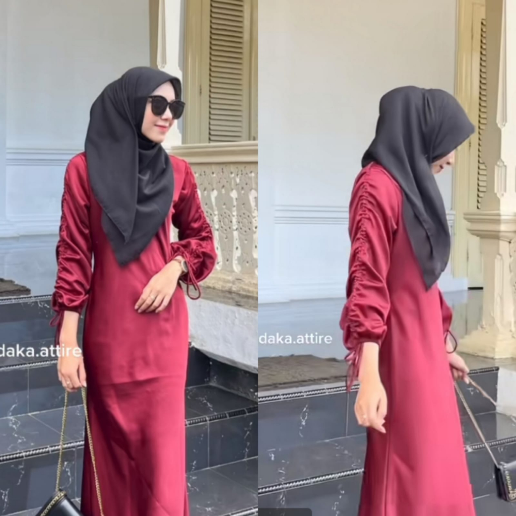 Jeny Dress Mermaid Lengan Serut Satin Silk Premium Gamis Duyung Terbaru Kekinian