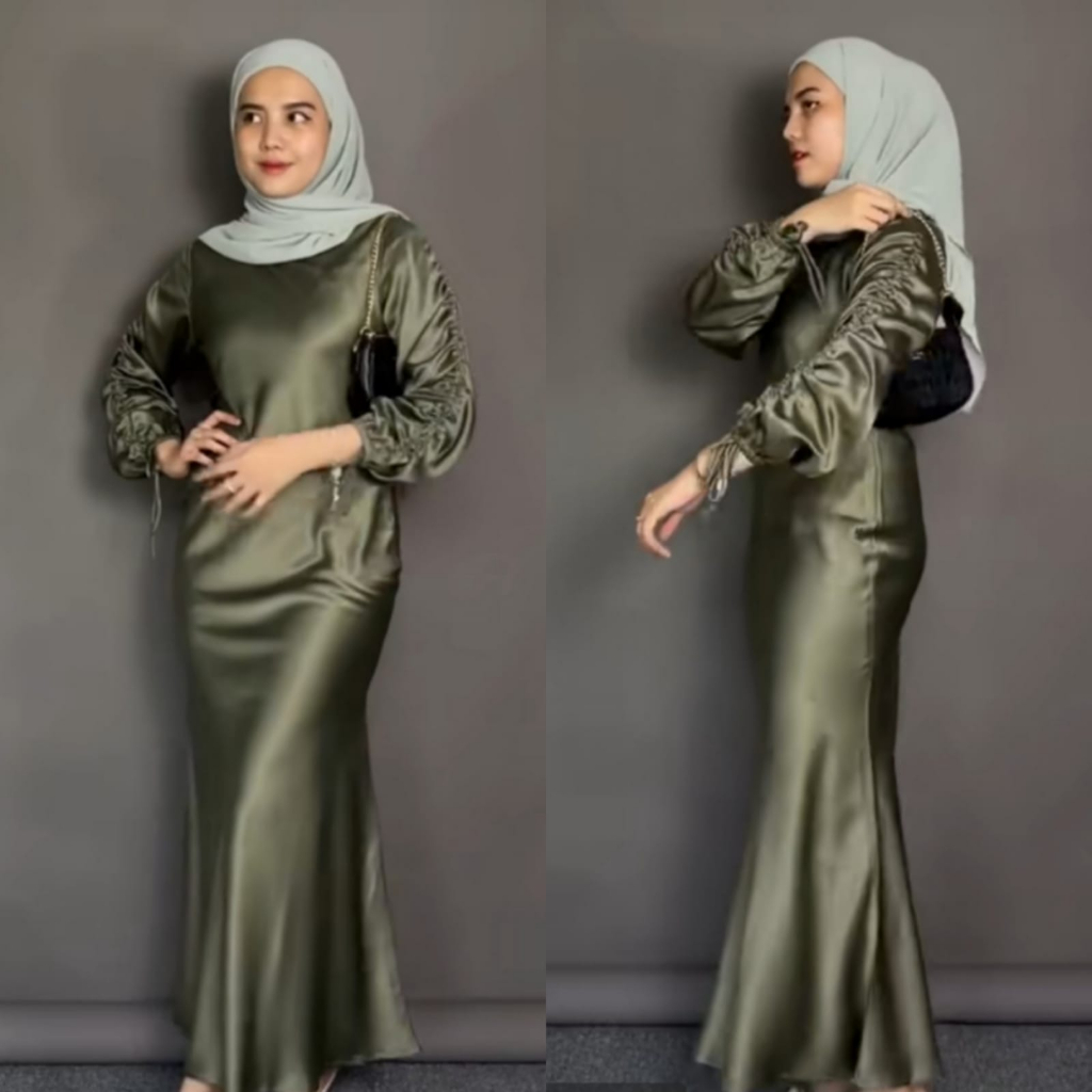 Jeny Dress Mermaid Lengan Serut Satin Silk Premium Gamis Duyung Terbaru Kekinian