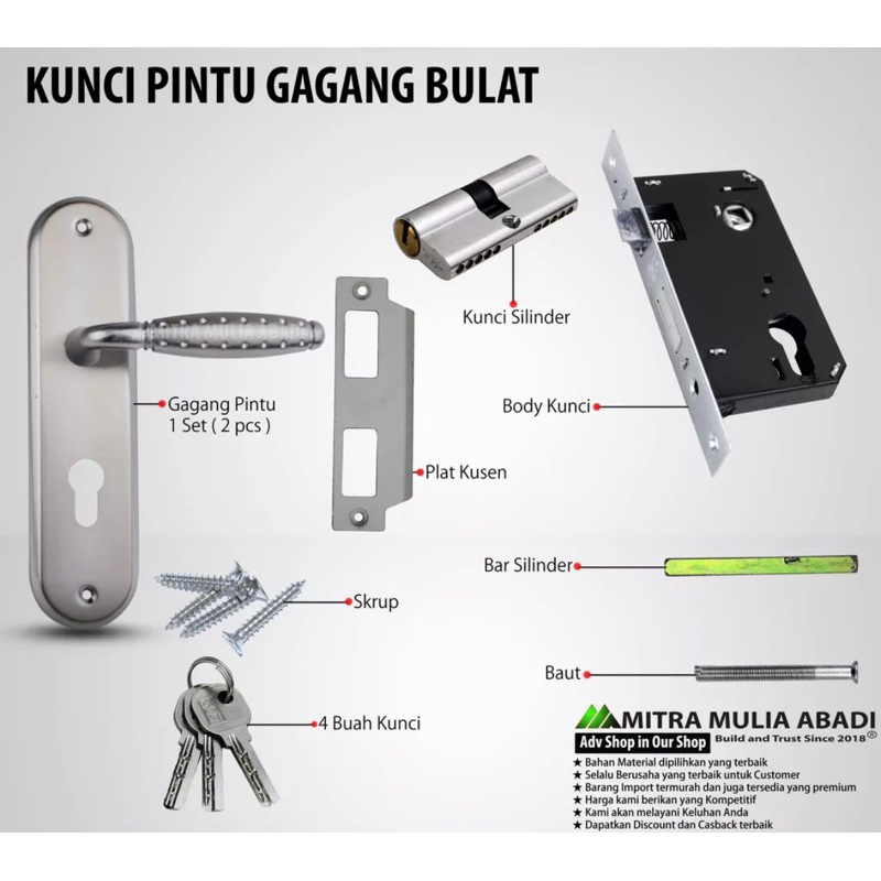 Kunci pintu tanggung stainless set 20cm gagang bintik