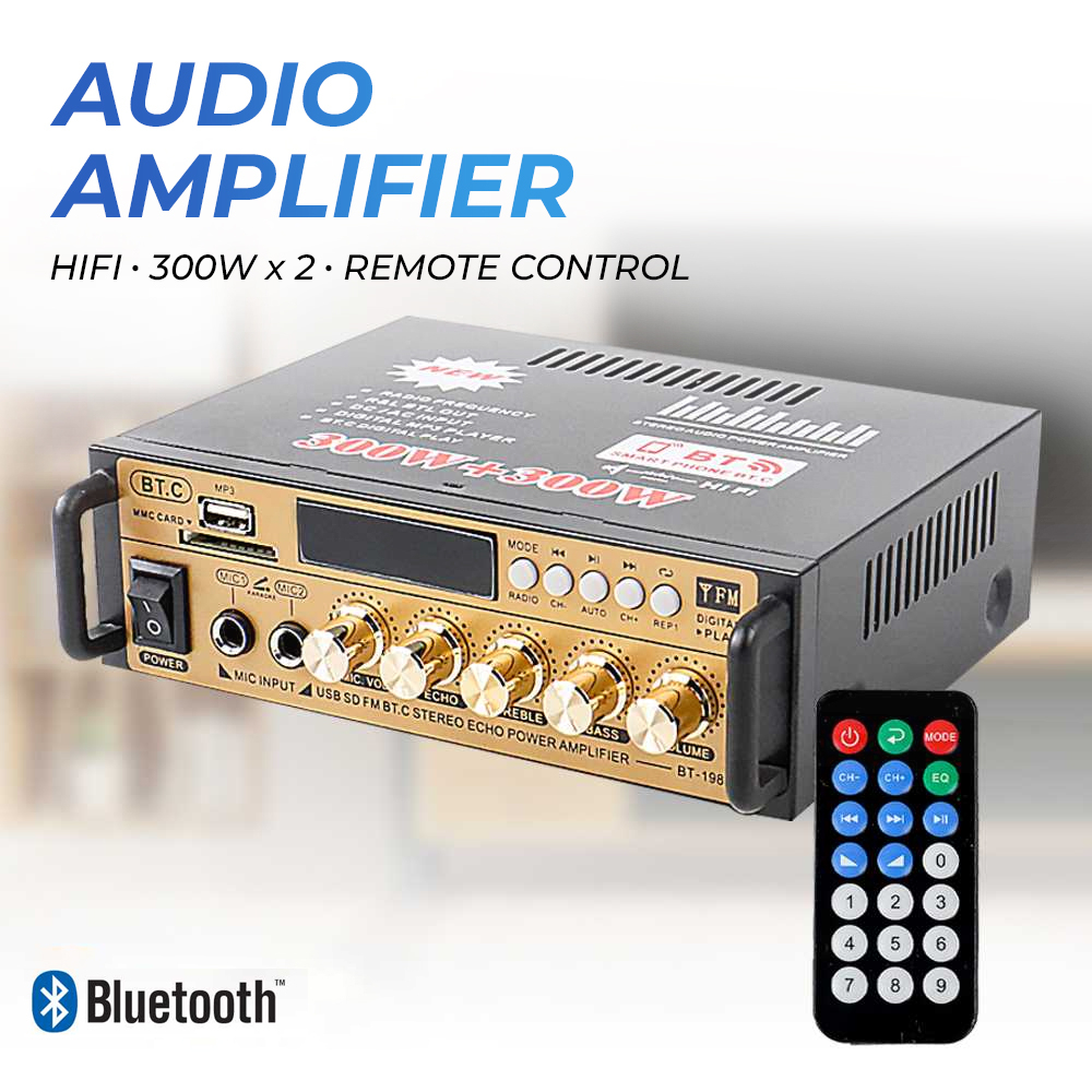 Amplifier Bluetooth Home Teather HiFi 300Wx2 Remote Control - BT-198E - Black