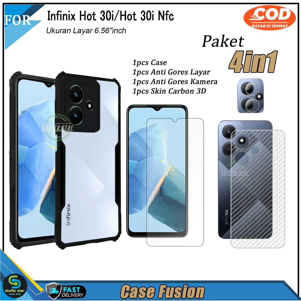Paket 4in1 Case Infinix Hot 40 40i 40 Pro Hot 30i Hot 30i Nfc Hot 30 Hot 30 Play Hot 11 Play Hot 9 Play Hot 10s Soft case Shockproof  Transparan Casing