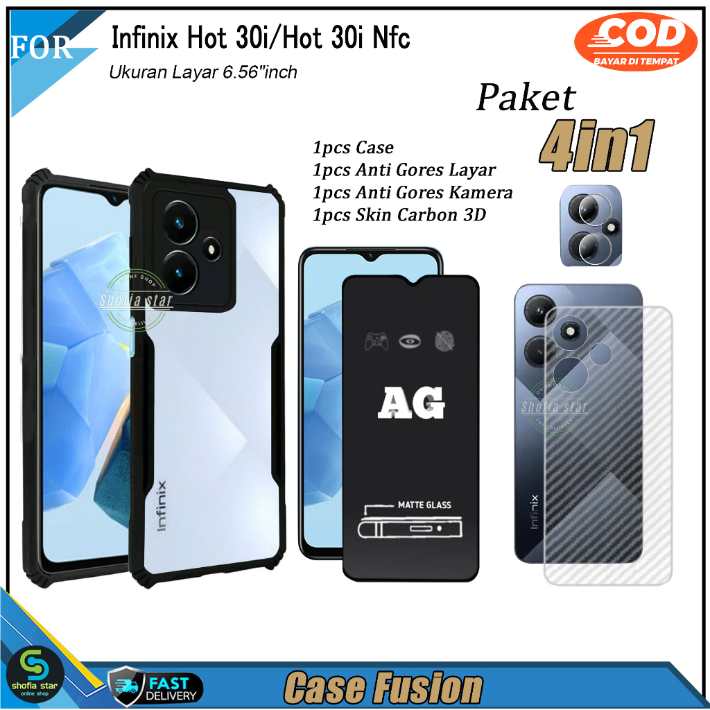 Paket 4in1 Case Infinix Hot 40 40i 40 Pro Hot 30i Hot 30i Nfc Hot 30 Hot 30 Play Hot 11 Play Hot 9 Play Hot 10s Soft case Shockproof  Transparan Casing