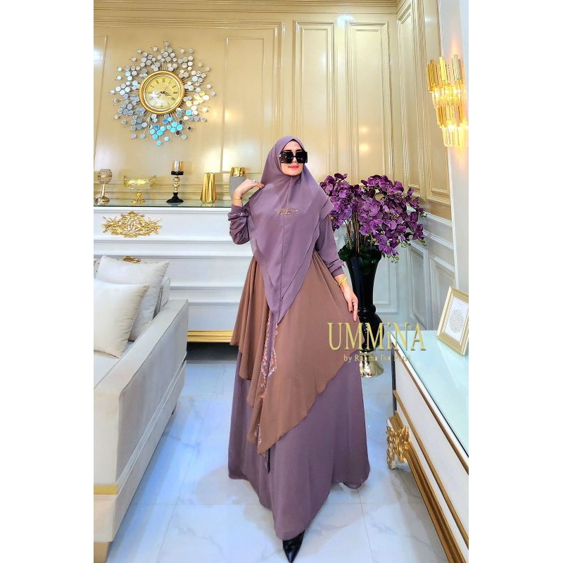 gamis set khimar busui polos terbaru sanjana syari bordir meeah branded ummina