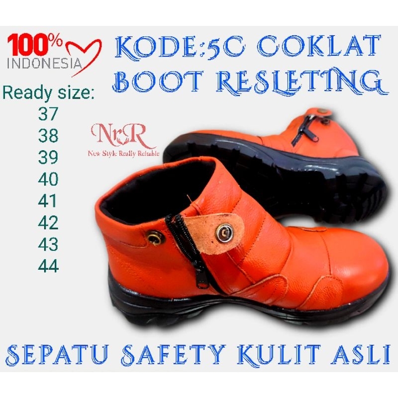 Sepatu safety BOOT RESLETING kulit sapi asli hitam finish semir slip on sepatu proyek ujung ada besi pengaman