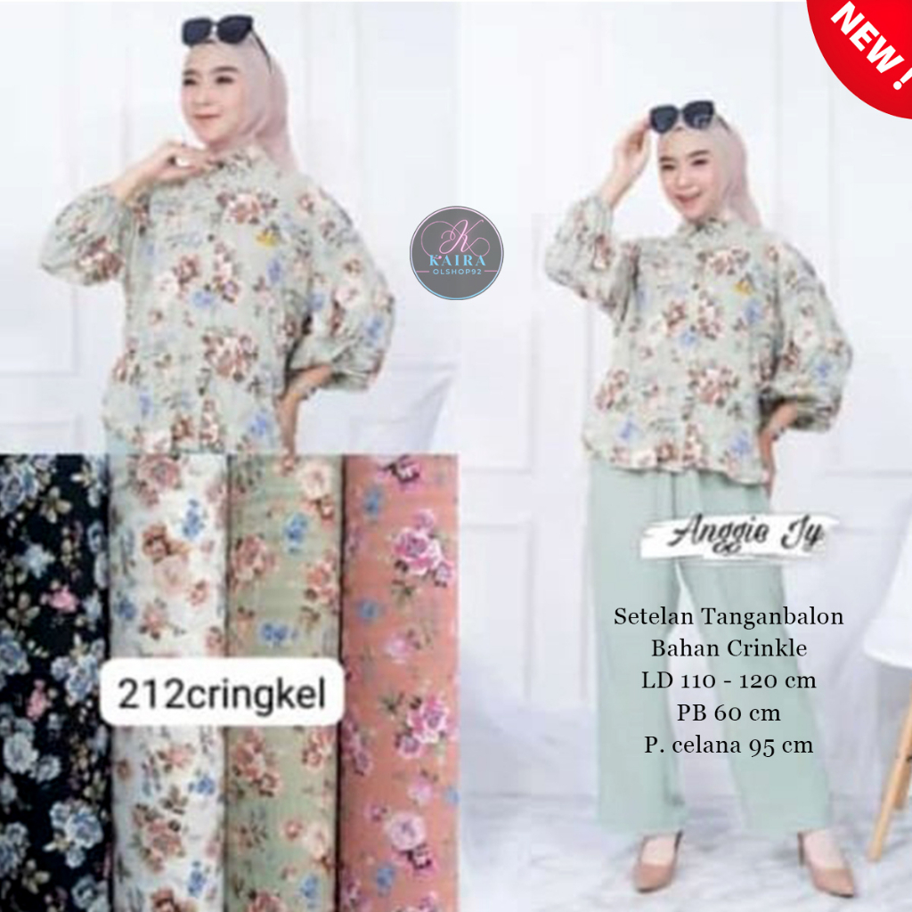 Setelan Wanita Bahan Cringkle Tangan Balon Atasan kemeja Terbaru