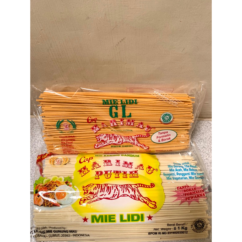 

Mie Lidi GL 500 gr / Mie Gomak Medan / Mie Kering Gandum Cap Harimau KUNING - PUTIH