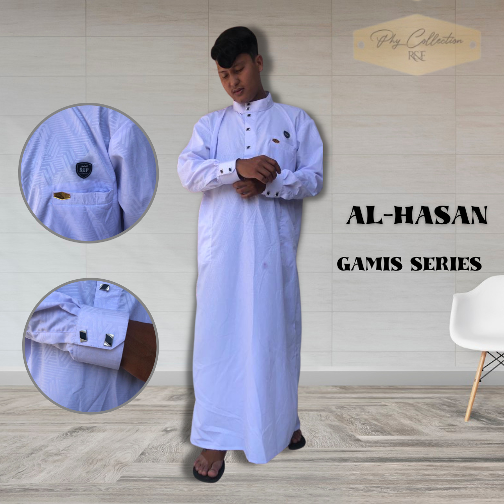 Baju Jubah Gamis Thobe Pria Laki Laki Dewasa Cowok Remaja Model Haromain Motif Embos Lengan Panjang Ukuran S M L XL XXL [AL-HASAN]