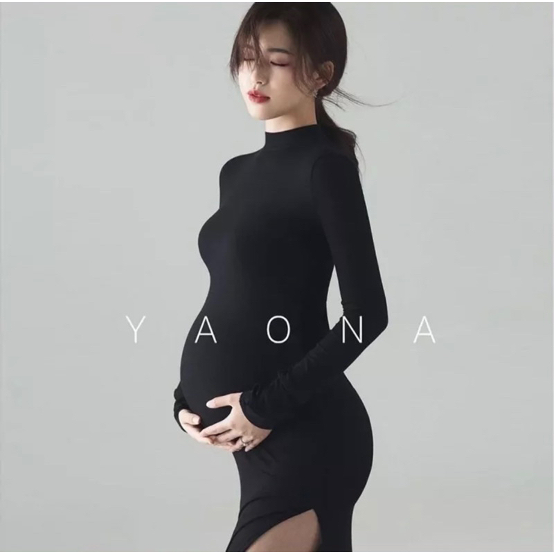 Maternity Gown for Photoshoot Dress Gaun Baju Hamil Hitam Black Turtle Neck Dress