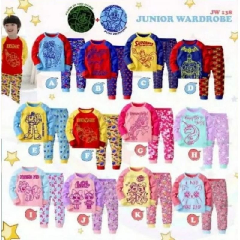 BAJU TIDUR ANAK CEWE N COWO. PIYAMA APLIKASI BISA NYALA DALAM GELAP