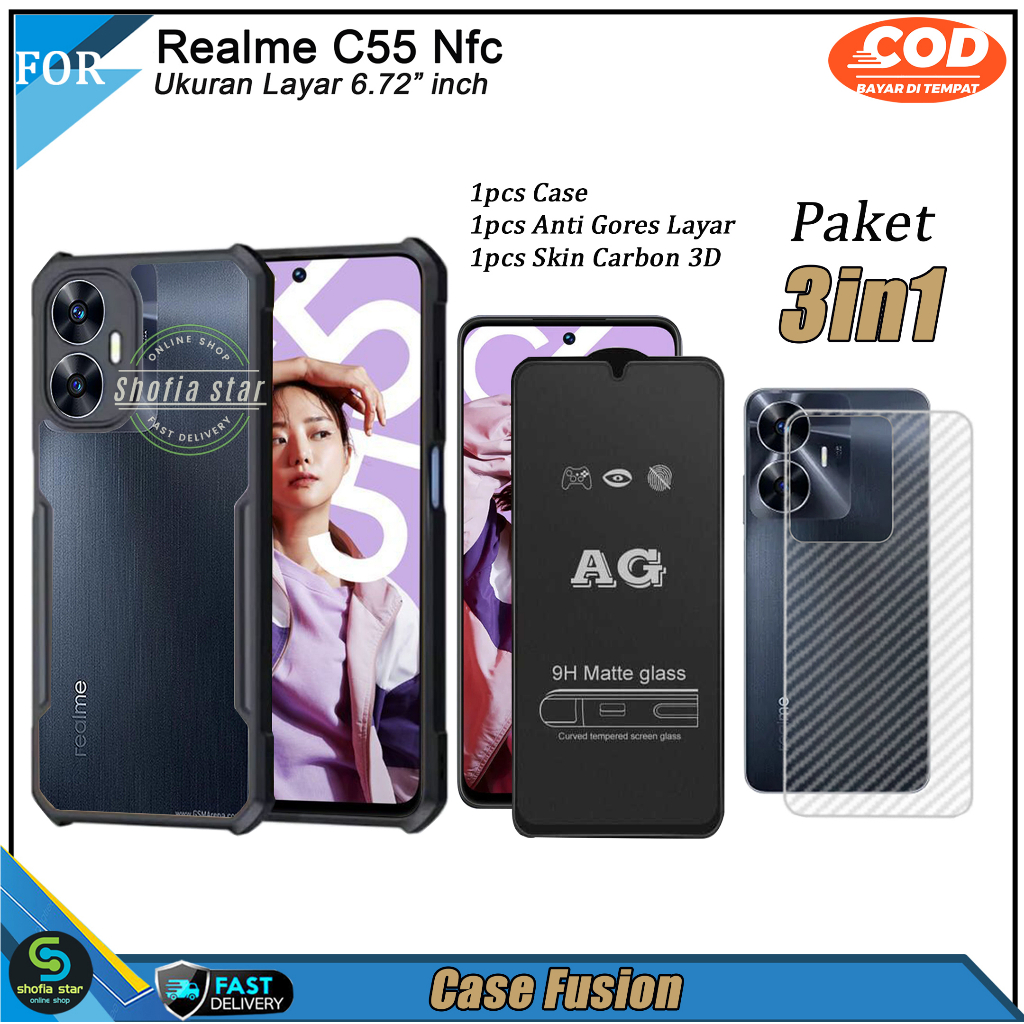 PAKET 3in1 Case Realme C55 NFC C53 NFC Soft Case Fusion Shockproof Transparan Casing