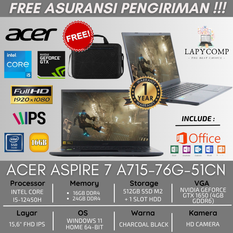 LAPTOP GAMING ACER ASPIRE 7-51CN DUAL VGA NVIDIA GTX 4GB INTEL i5-12450H RAM 24GB SSD 512GB 15.6&quot; FHD IPS 144Hz