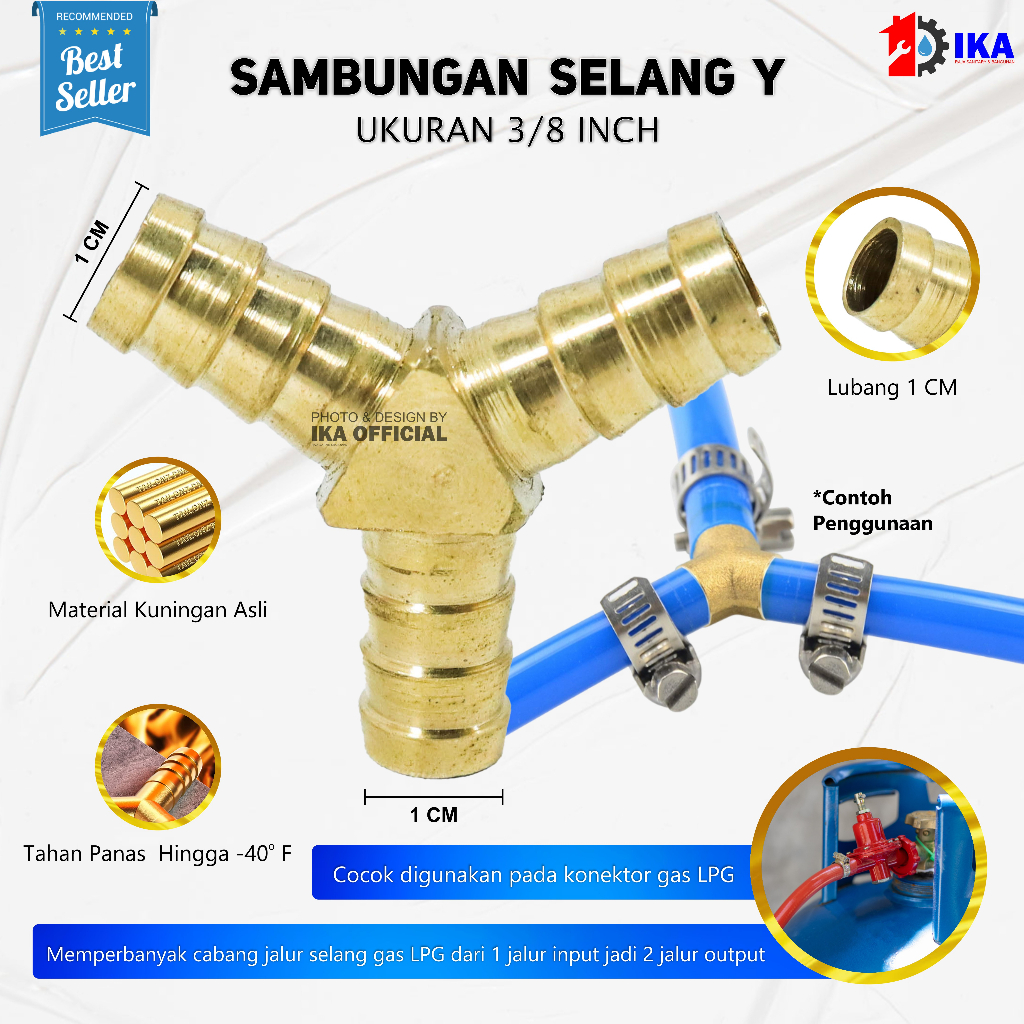 11 mm Nepel Cabang 3-Y-T Selang Regulator 3/8&quot; inch KUNINGAN - Kompor Gas Umum Rumahan/Air/Kompresor