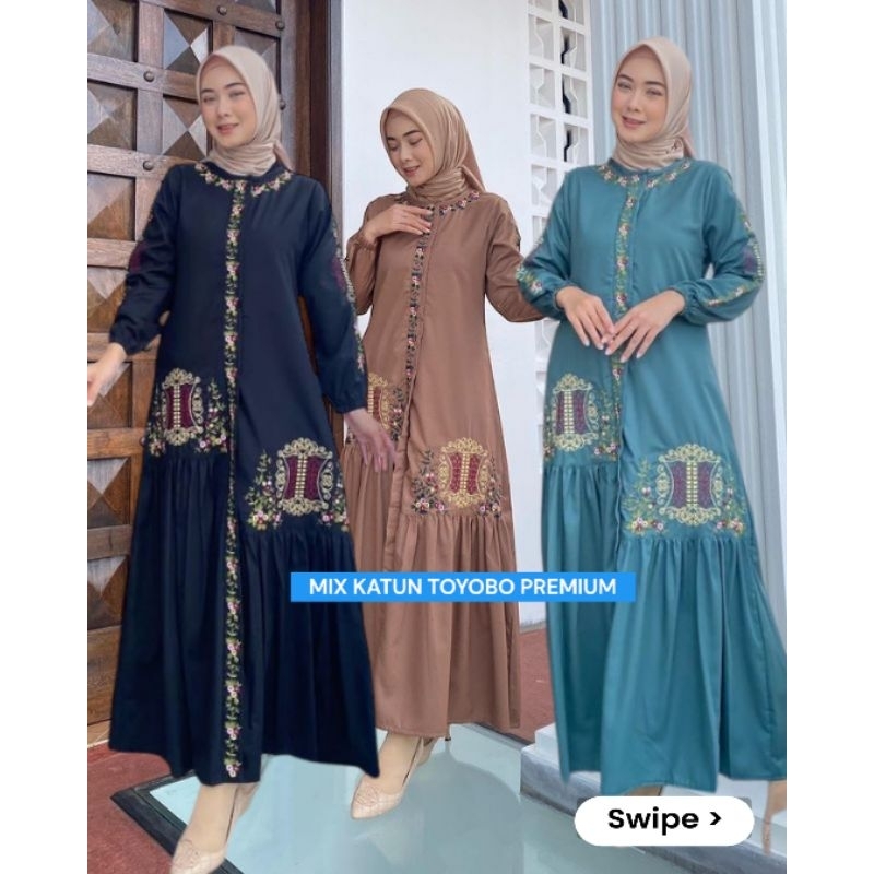 (M-L-XL)GAMIS HAJRAH ROSSY BAHAN MIX KATUN TOYOBO PREMIUM KOMBINASI BORDIR TERBARU GAMIS PESTA NIKAH