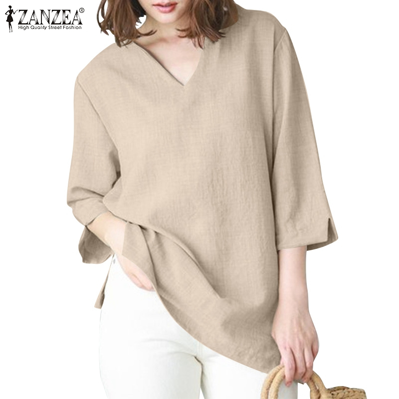 ZANZEA Women Three Quarter Sleeve V Neck Casual Solid Side Split Blouse