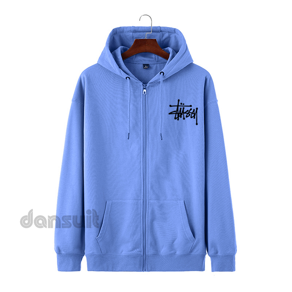 Hoodie Zipper Resleting  Motif Sablon STUSSY Logo Pria/Wanita Size M - XXXL Bahan Tebal Premium