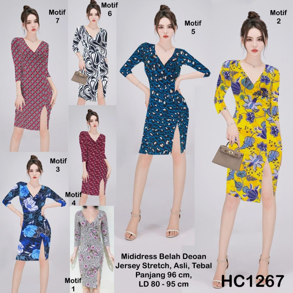 HC1267 Midi Dress Jersey Belah Depan Stretch motif bunga / Midi seksi / Sexy Midi / MidiDress / Gaun Pesta