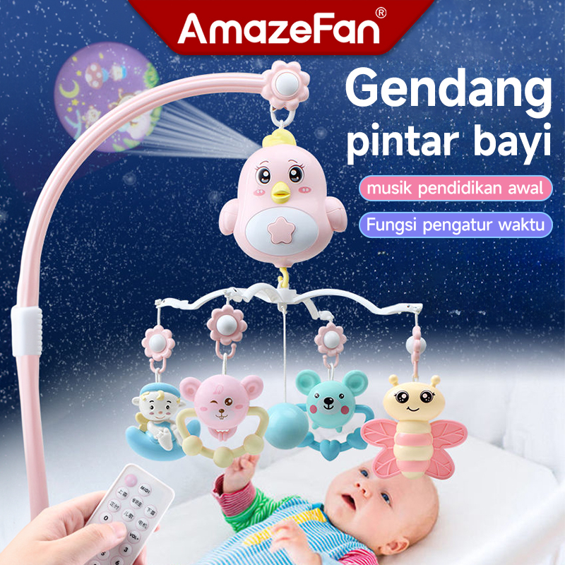 AmazeFan Mainan Gantung Bayi Multifungsi Crib dengan Kontrol Jarak Jauh &amp; Musik yang Menghibur Proyeksi Waktu &amp; Bisa Digigit Bayi Remote Control Bed Bells