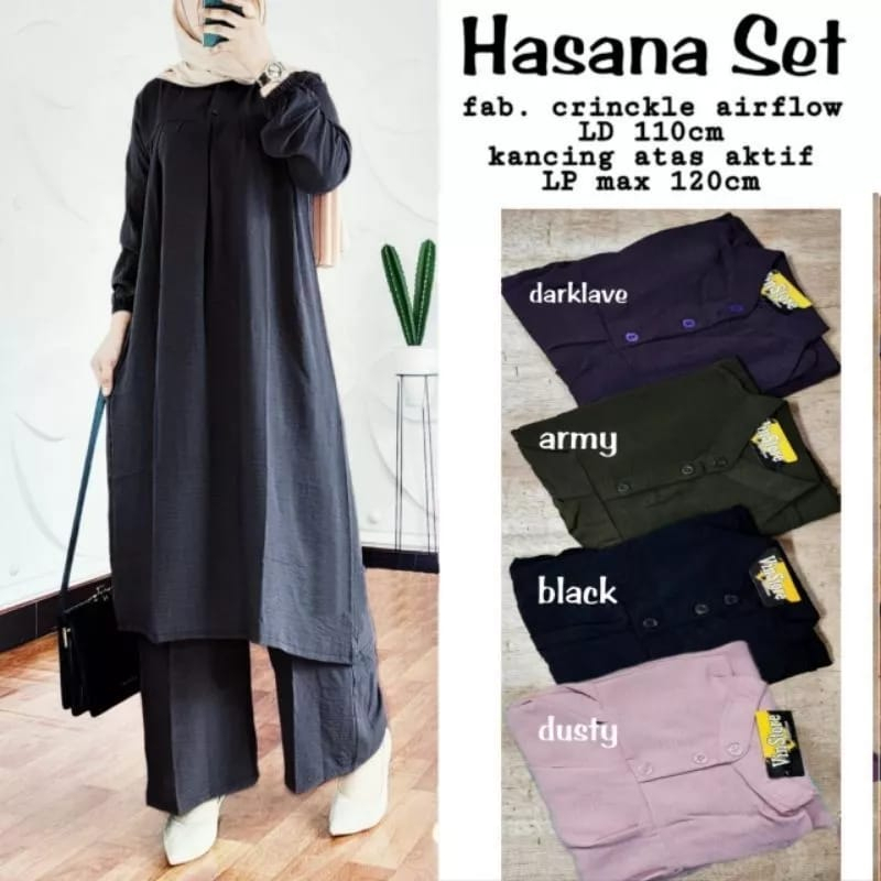 Setelan Wanita Long Tunik One Set Jumbo Baju Setelan Wanita Kekinian Setelan Terbaru Hasana Set Crinkle Airflow Premium