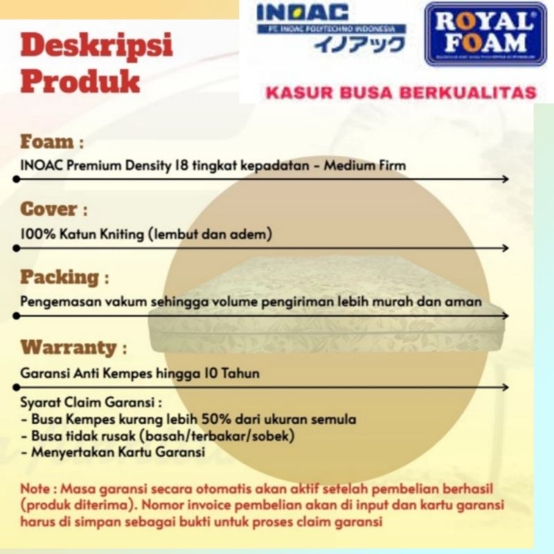 Kasur Busa INOAC &amp; ROYALFOAM Premium ( 200 × 160 ) Tebal 20cm Bergarsnsi 10 tahun