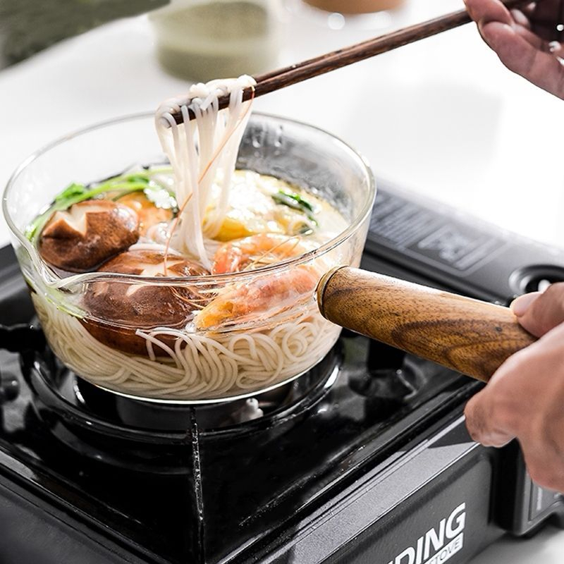 Panci Masak Kaca Tahan Api Panas Gagang Kayu Stewing Soup Pot Borosilicate Glass