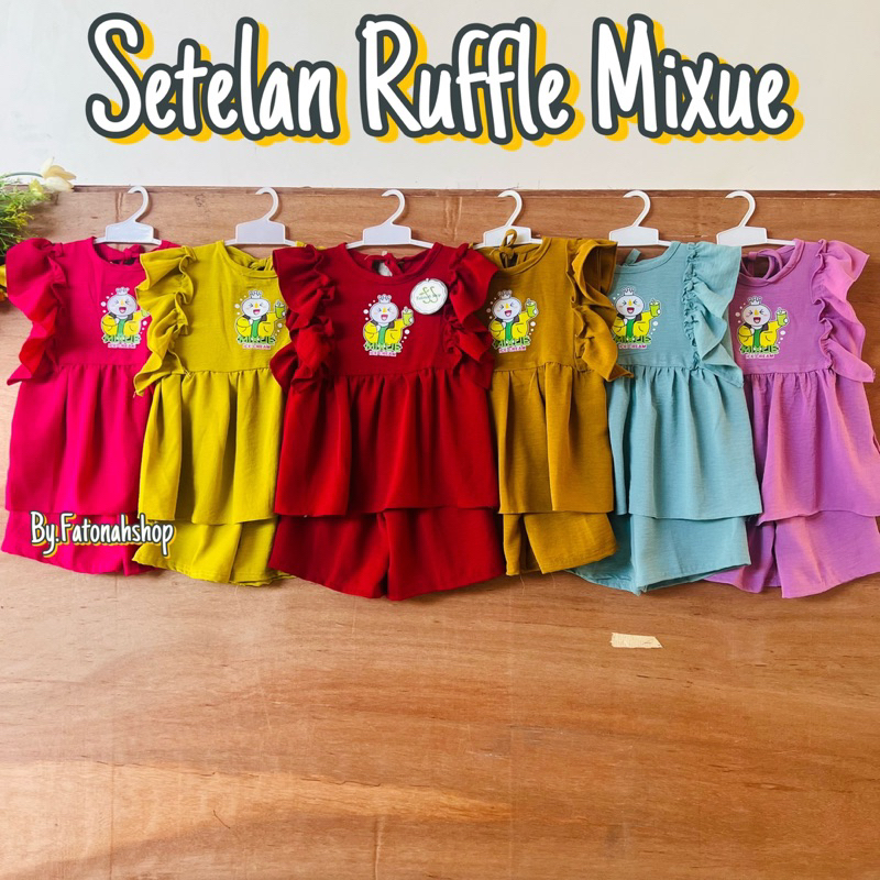 Setelan Anak 2 3 4 Tahun Anak Cewek Perempuan Crinkle Ruffle lucu set anak crinkle sablo kartun lucu kekinian terbaru ( Setelan Ruffle Ciwi dan Ruffle Mixue )