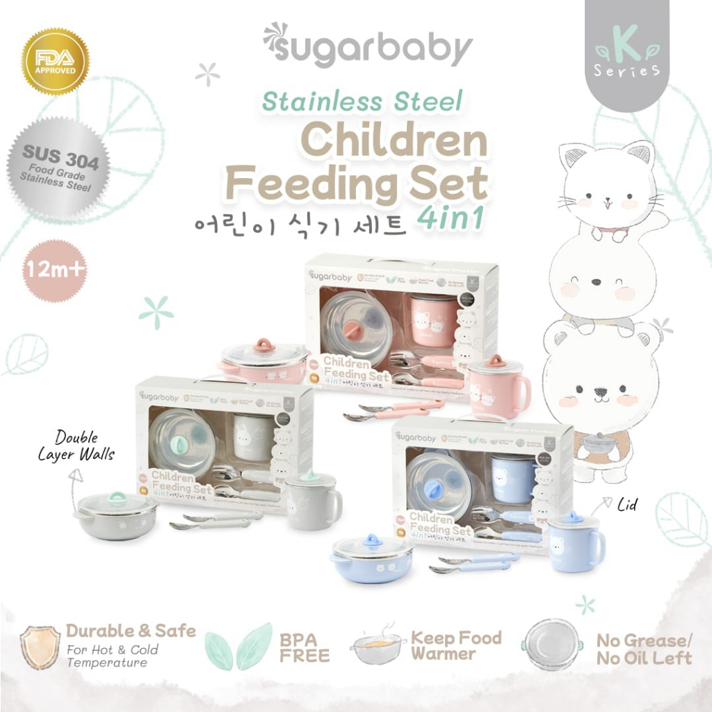 Sugar Baby Stainless Steel Children Feeding Set 4in1 (K-Series) - Set Alat Makan Bayi - Perlengkapan MPASI Bayi