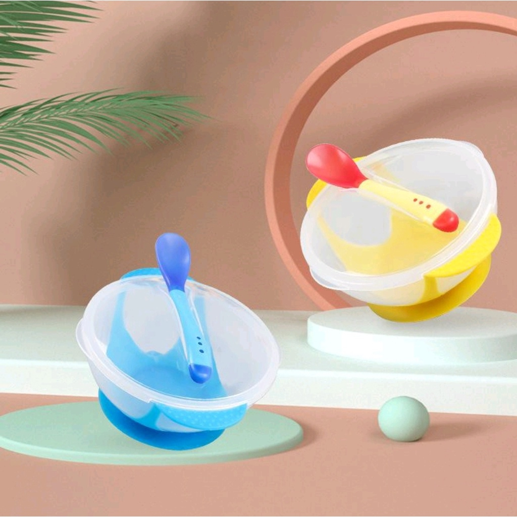 SET MANGKOK SENDOK BAYI SENSOR PANAS ANTI TUMPAH ANTI PANAS ANTI SLIP / ALAT MAKAN SET BAYI MPASI / SET MANGKOK SENDOK MAKAN ANAK SILICONE BPA FREE