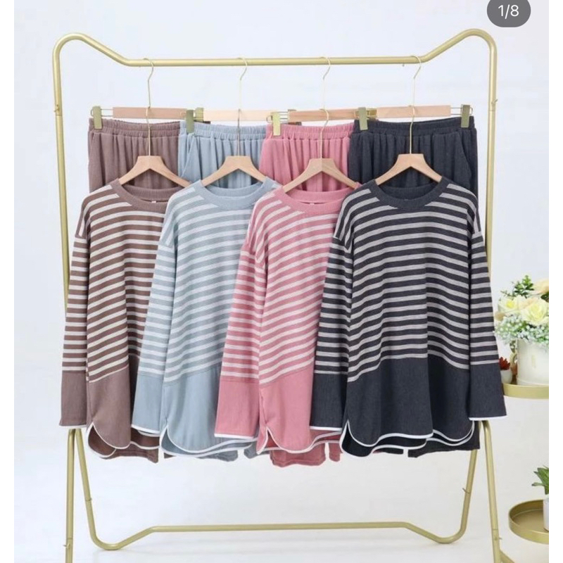 setcel kombinasi salur kaos knit premium setcel wanita setelan celana wanita jumbo oversize