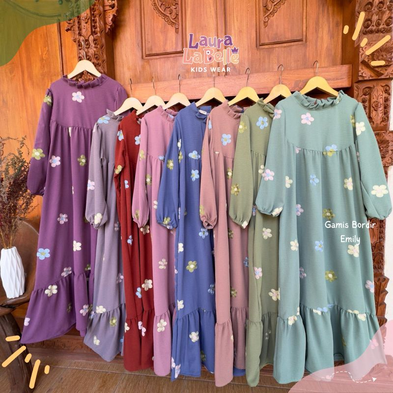 Gamis Emily Crinkle Bordir Laurakidshop 7 tahun - Dewasa