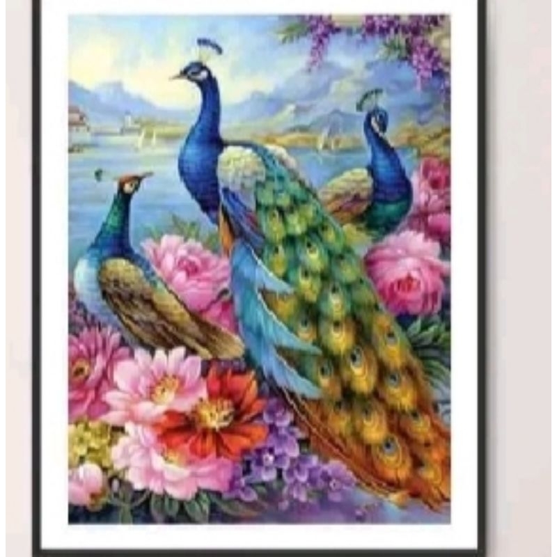 paket kristik 3 burung merak peacock rose peoni cross stitch 14ct