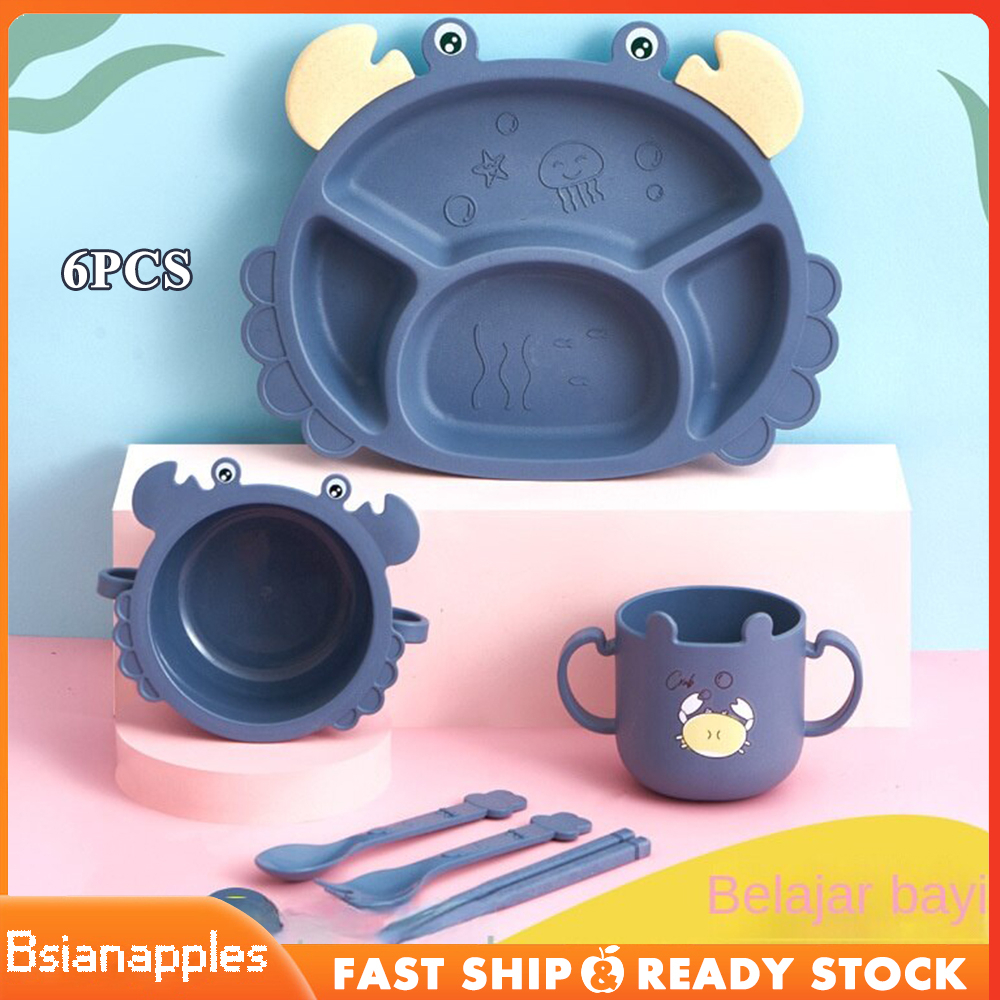 6 Buah Mangkok Piring Sendok Garpu Bib Cup Silikon Bayi Set Anak-anak Non Slip Peralatan Makan Bayi / Premium Silicone Set / Peralatan Makan Bayi Silicone