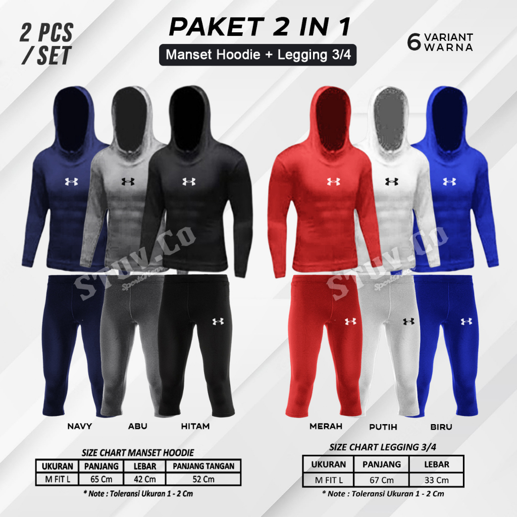 PAKET STELAN 2IN1 BAJU BASELAYER OLAHRAGA MANSET HOODIE DAN CELANA LEGGING 3/4 6 WARNA