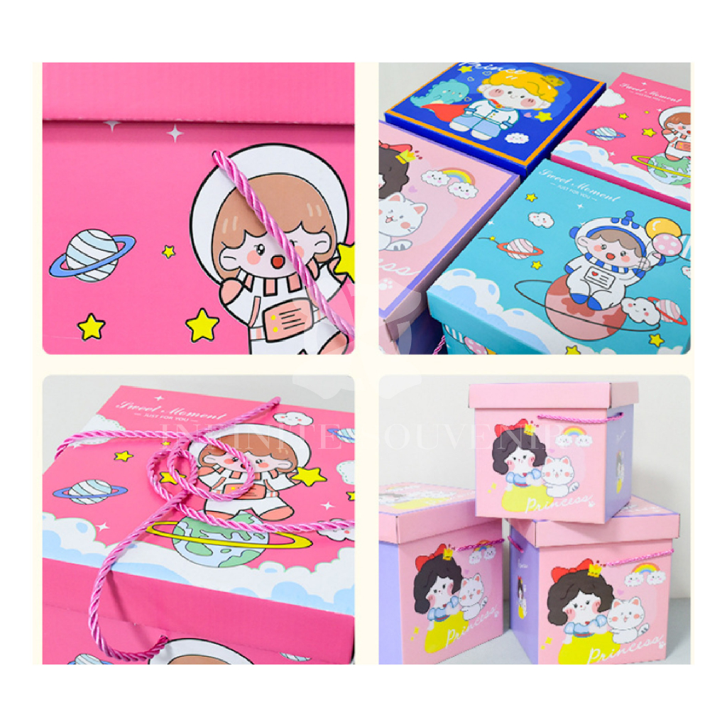 Box Tebal Ultah Anak Bahan Corrugated Tebal dengan Tutupan dan Tali / Kotak Ulang Tahun Tersedia 2 Ukuran Motif Astronot Girl dan Boy / Giftbox Birhtday Besar Muat Banyak / Kotak Bento atau Kado Bahan Tebal dan Kokoh