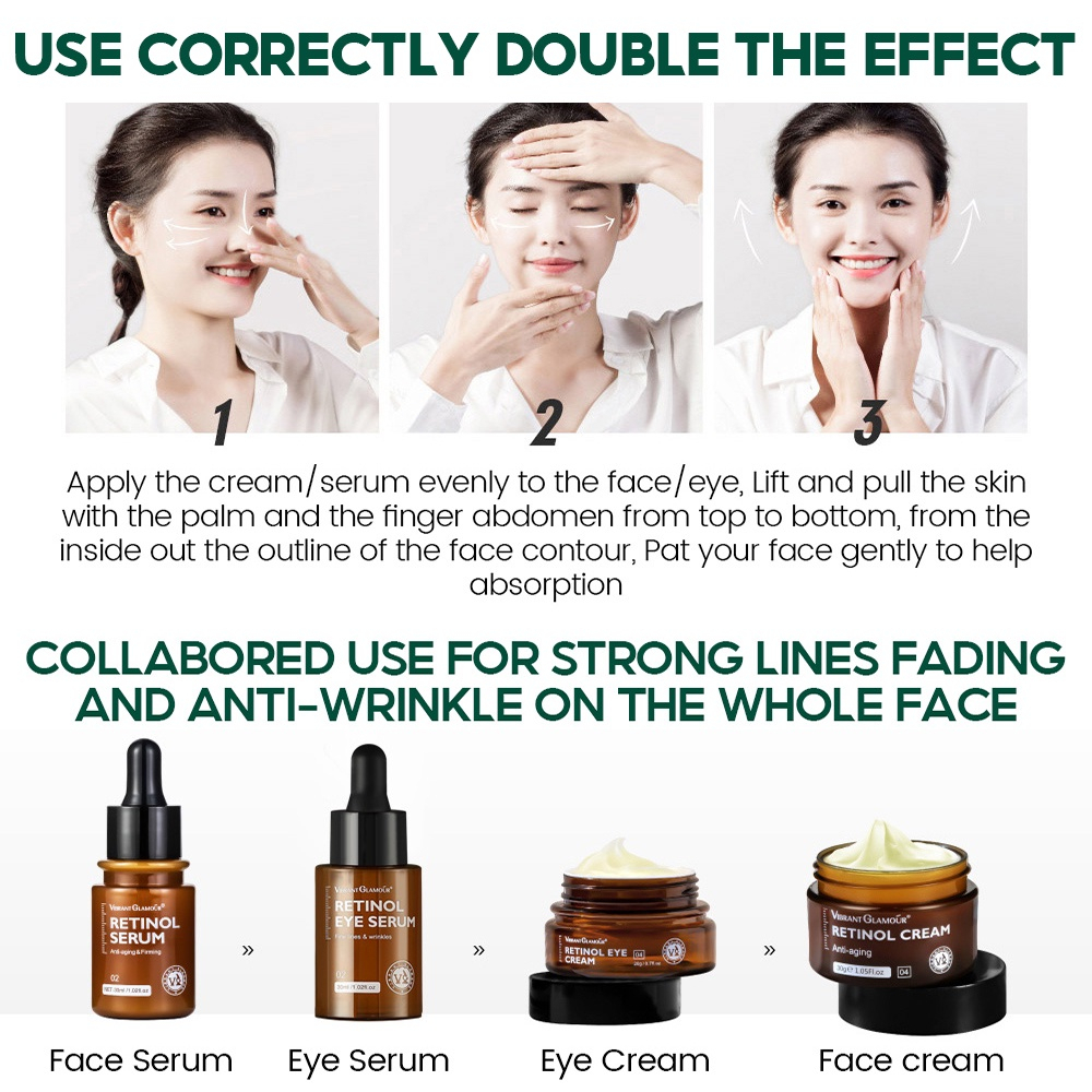 【BPOM】VIBRANT GLAMOUR Retinol 4 Pcs Sets Face Cream+Facial Serum+Eye Serum+Eye Cream Double Retinol VA Anti Aging Whitening Renewing Skin