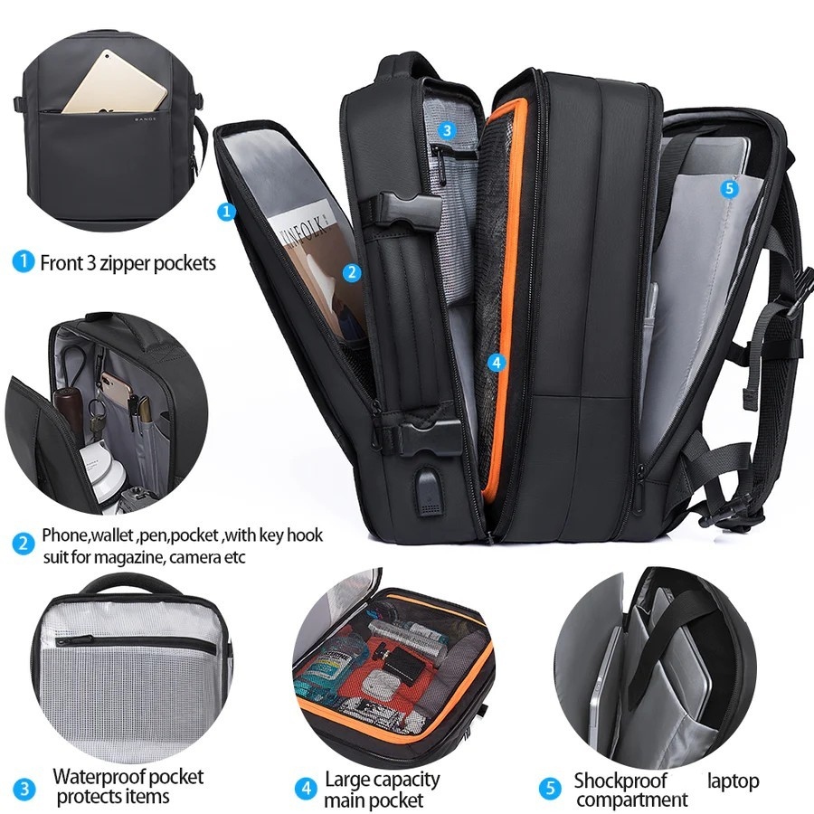 BG1908 45L Tas Bange Ransel Laptop 17&quot; Inch Expandable Travel USB