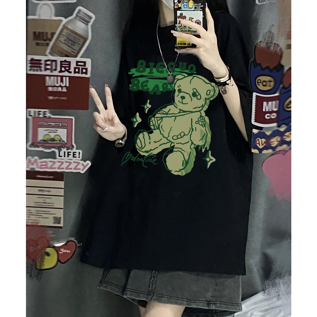 EUNII T-shirt Lengan Pendek Cartoon Green Bear Korean Style/Kaos Atasan Wanita/Baju Kaus Oversize Wanita/Kaos Wanita