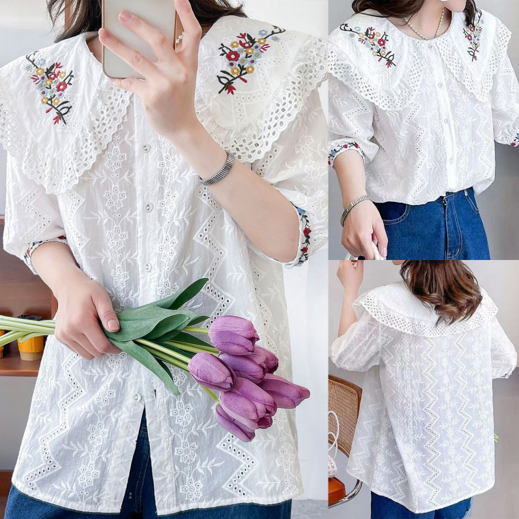 BLUS KATUN BRUKAT PUTIH KERAH COLLAR OVERSIZE BORDIR BUNGA RENDA KOREA IMPORT