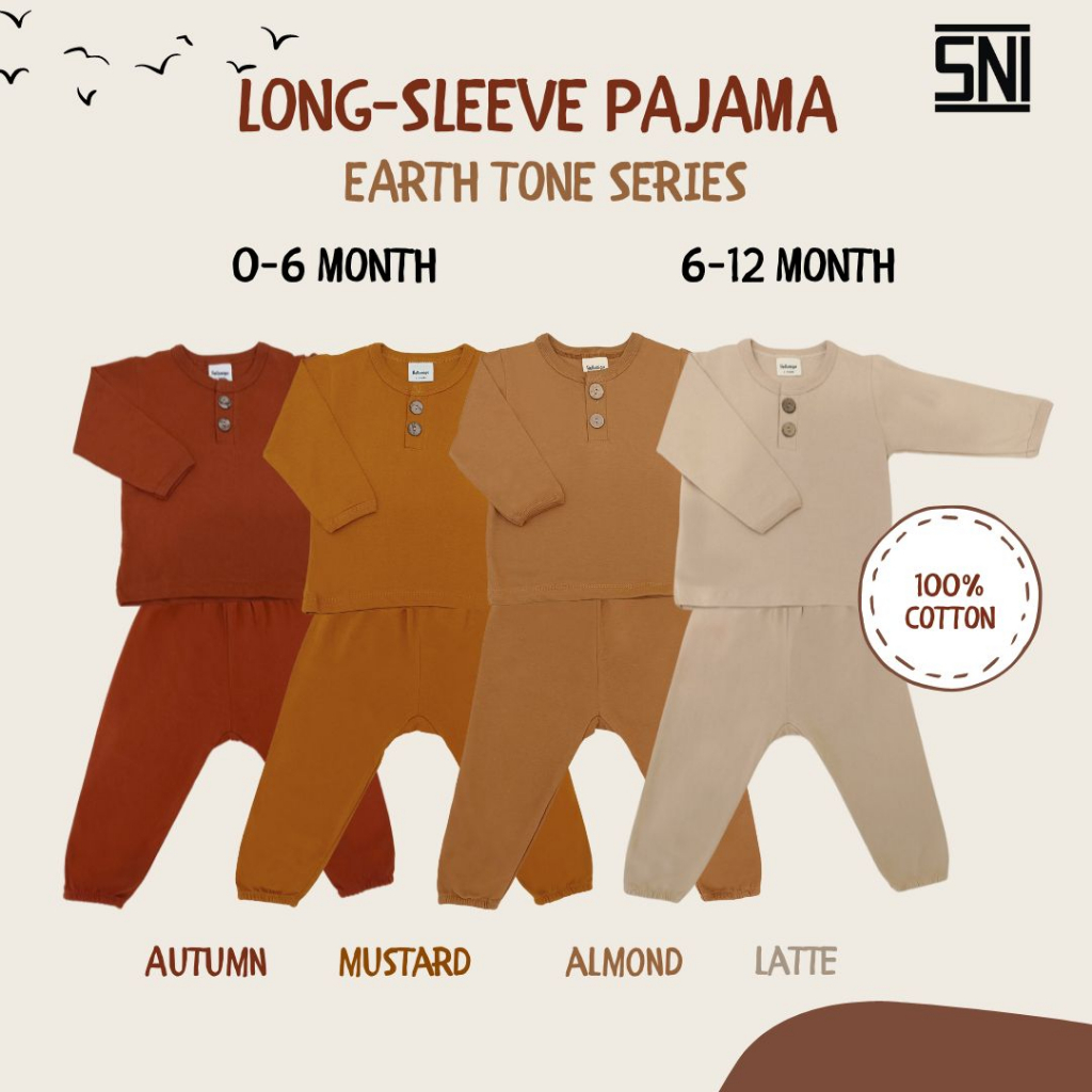 Hellomigu Long Sleeve Pajama Set/ Piyama Baju Tidur Setelan Bayi Perempuan Laki laki Anak Cewe Cowo Bayi Polos 0-6  6-12 Bulan