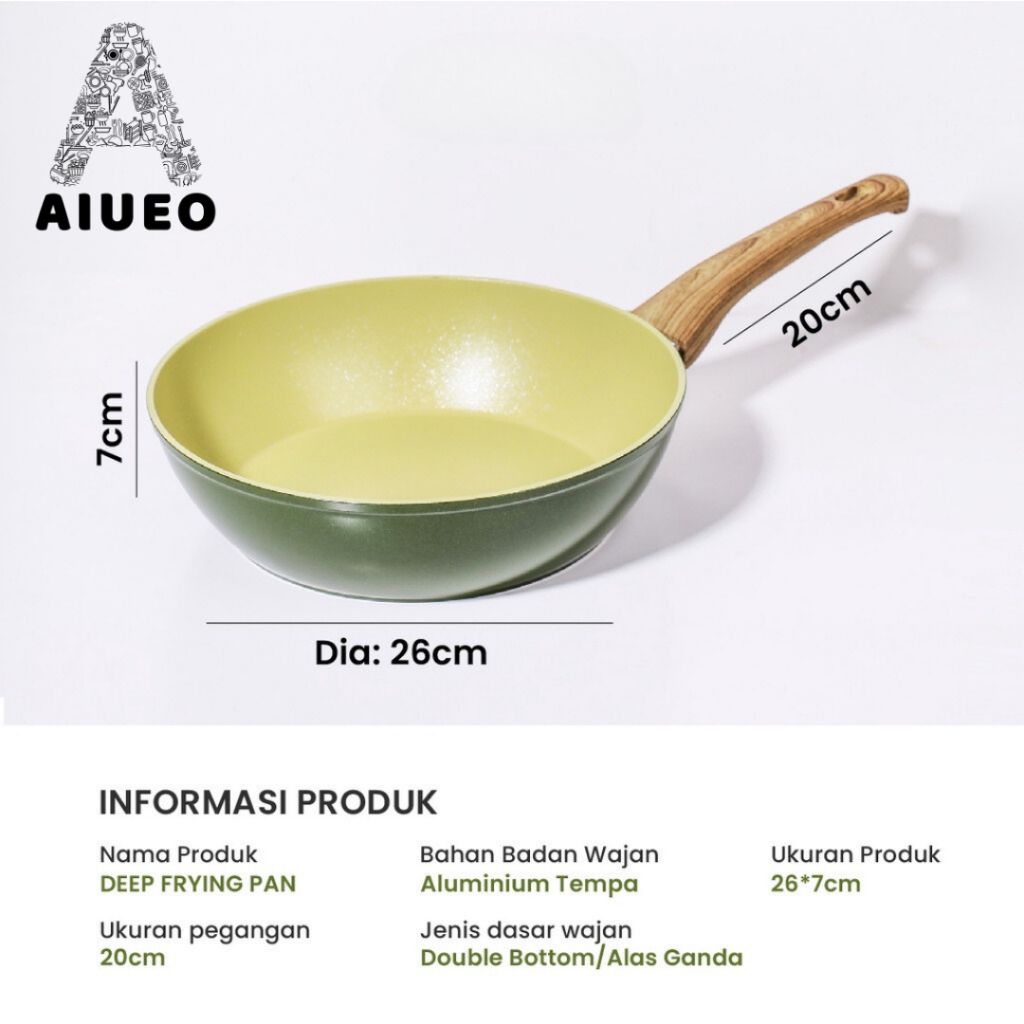 Teflon Anti Lengket 26cm - Deep Frying Pan 26 Cm Bahan Keramik Stainless deep fry pan Marble - Penggorengan Anti Lengket Serbaguna - Warna Avocado