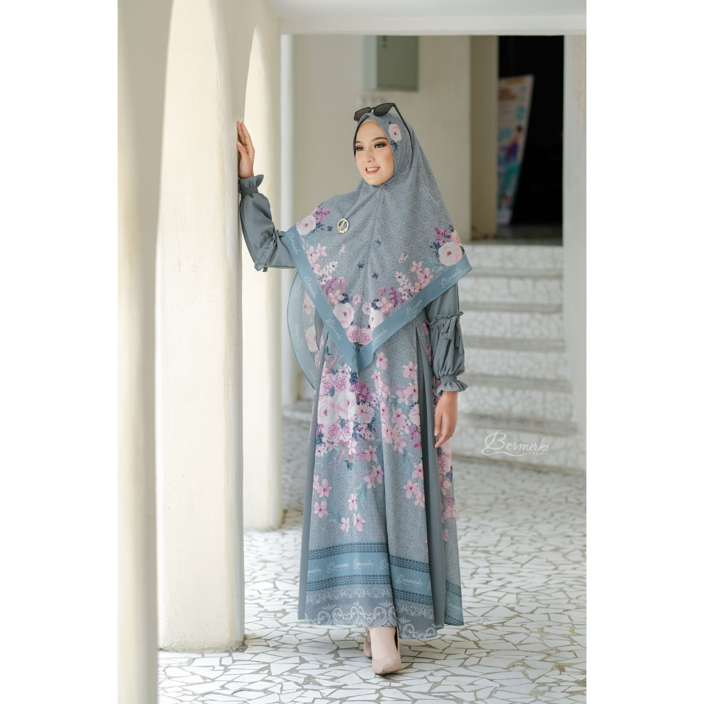 Gamis set khimar ceruty babydoll FAIZA ORI BERMERKS MOTIF NAJWA SAFIRA NAURA KANIA STARLA RIANTI syari terbaru Ceruti ultimate