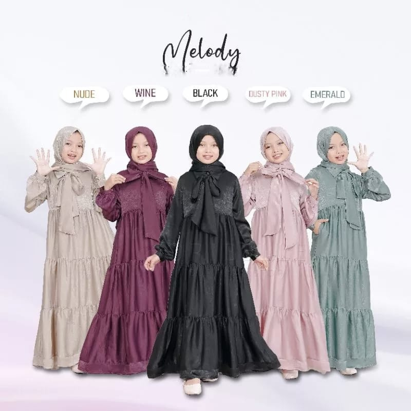 Baju Anak Perempuan Terbaru Melody Dress Kids Gamis Anak Umur 10-13 Tahun Bahan Santorini Silk