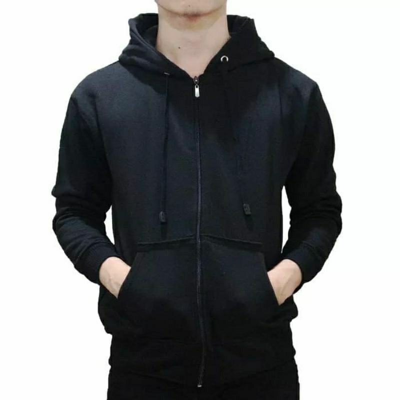 Sweater hoodie zipper polos tebal terlaris warna hitam