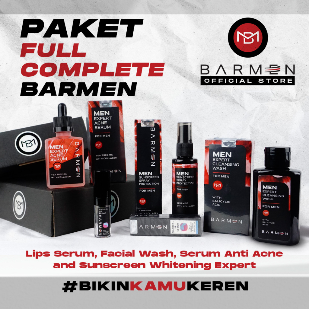 BARMEN Paket Complete Series - Lip Serum, Cleansing Wash, Acne Serum and Sunscreen Spray