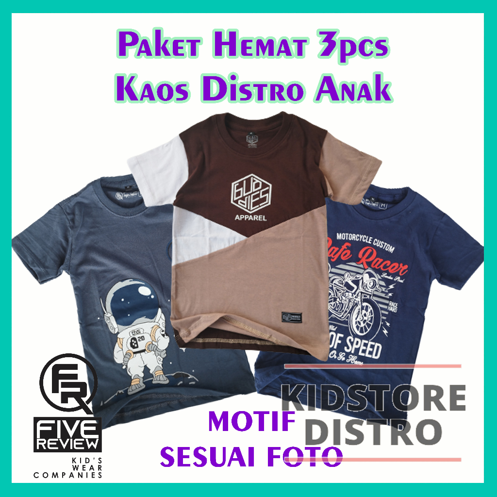 Paket 3pcs Kaos Anak Laki Laki Perempuan Distro Bahan Katun Adem Branded Clothing Kidstore Distro