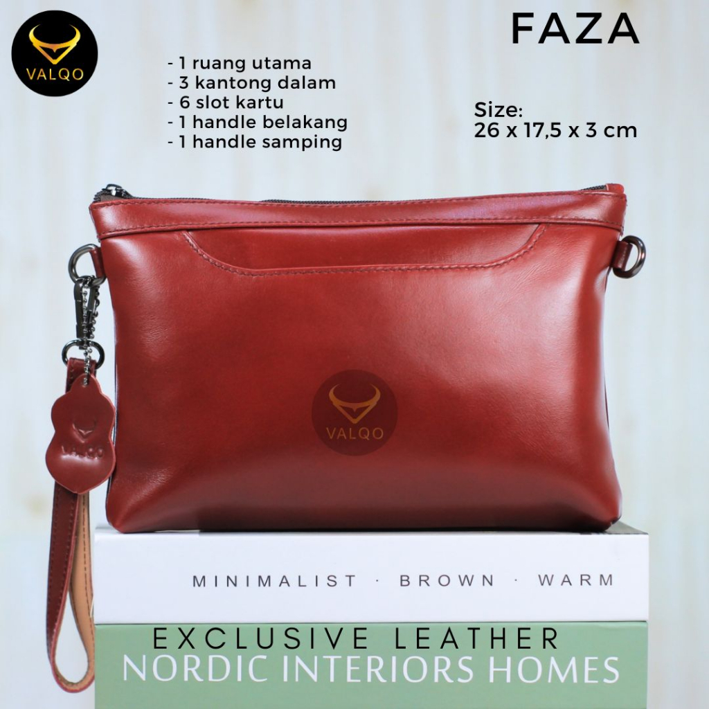 [VALQO] FAZA Clutch kulit Sapi Pouch Kulit Handbag Kulit Wanita Pria 6 Slot Kartu Tas Tangan Dompet Tangan