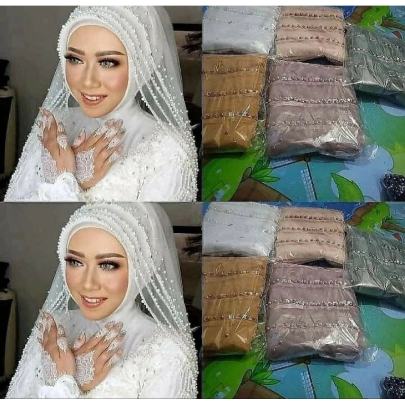 Slayer Selendang Veil Pengantin Ukuran 150 cm X 125 cm Kerudung payet baru mewah empat susun jilbab mutiara akad bride untuk gaun wedding fashion atasan wanita seragaman kondangan wisuda hijab tunangan hantaran termurah terlaris kekinian nikah make up mua