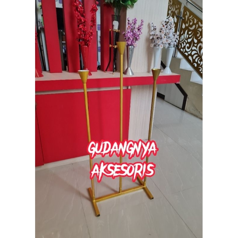 STANDING LAMPU DEKORASI LILIN 3 TIANG KERUCUT GOLD