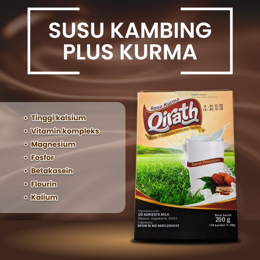 

1 BOX QIRATH PLUS KURMA, SUSU KAMBING ETAWA TINGGI KALSIUM DENGAN TAMBAHAN EKSTRAK KURMA
